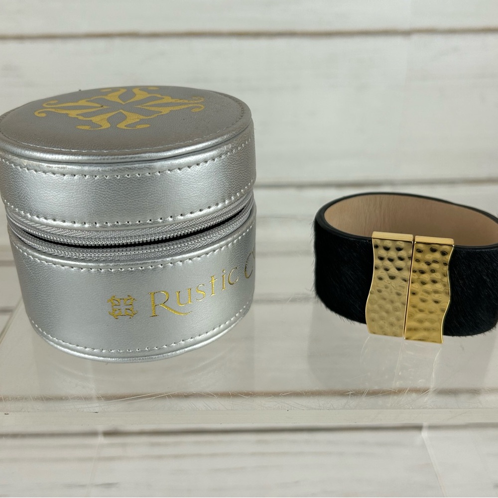 Rustic Cuff Black Leather Cuff Bracelet with Gold Hammered Clasp